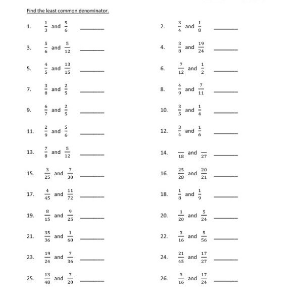 Fifth Grade Least Common Denominator Worksheet 05 â One Page